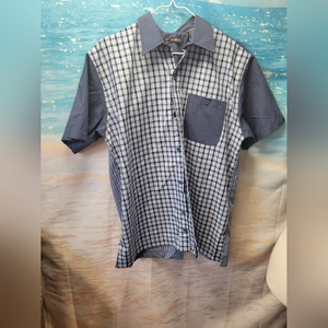 Bugle Boy Mens Short Sleeve‎ Button Up Shirt Blue Plaid W Eagle Design Size M